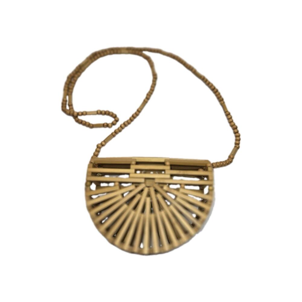 Boho Mini Bamboo Half Moon Crossbody Bag Wood Beaded Strap Natural Wicker Purse
